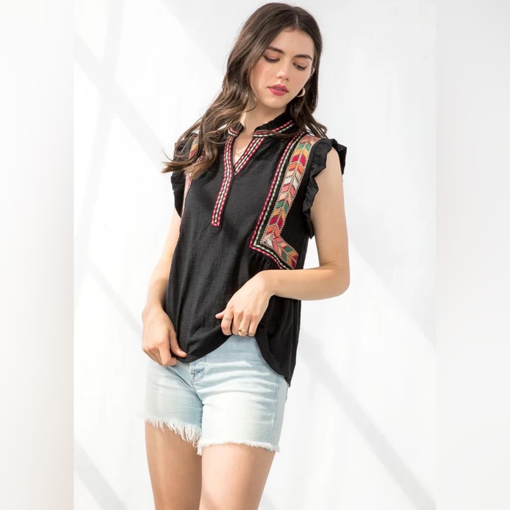 THML ELIZABETH EMBROIDERED BLACK V-NECK TOP WOMEN’S LARGE - Picture 2 of 10